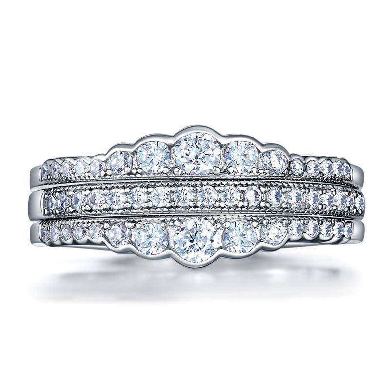 Vintage Diamond Wedding Band Ring Set 3-Pieces, 925 Sterling Silver