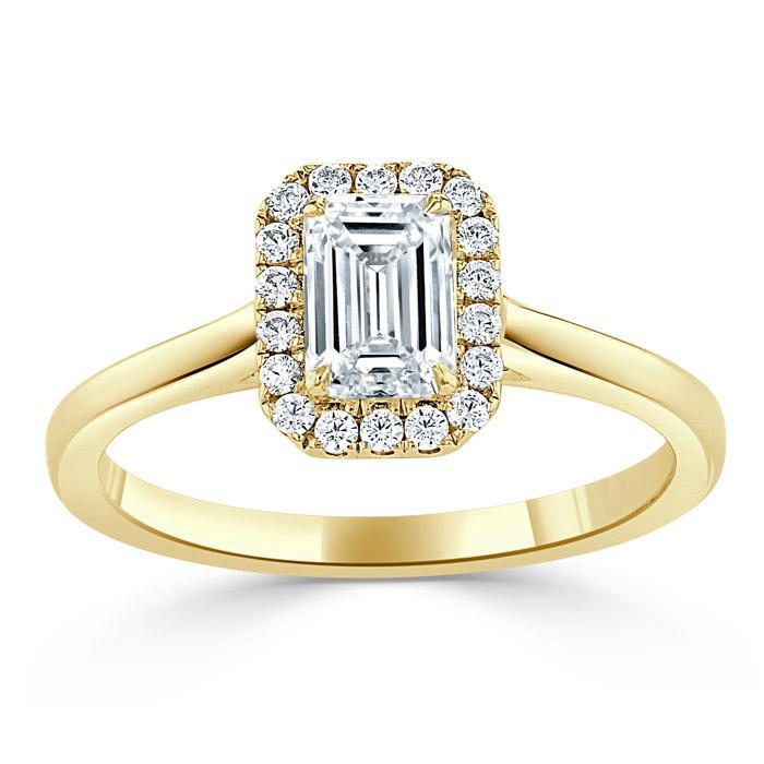 0.75ct Emerald Cut Moissanite Halo Engagement Ring, Available in White Gold or Platinum