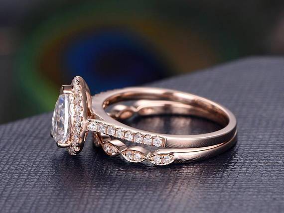 2.00ct Moissanite Ring Set, Pear Cut Halo, Colour F, Clarity VVS, Available in a Choice of Metals, Centre Stone 1.25ct