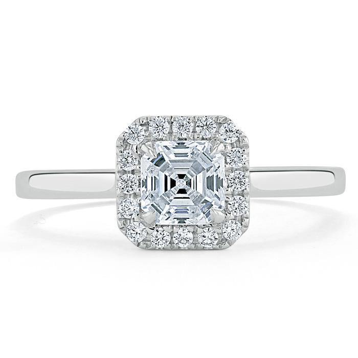 0.75ct Asscher Cut Moissanite Halo Engagement Ring, Available in White Gold or Platinum