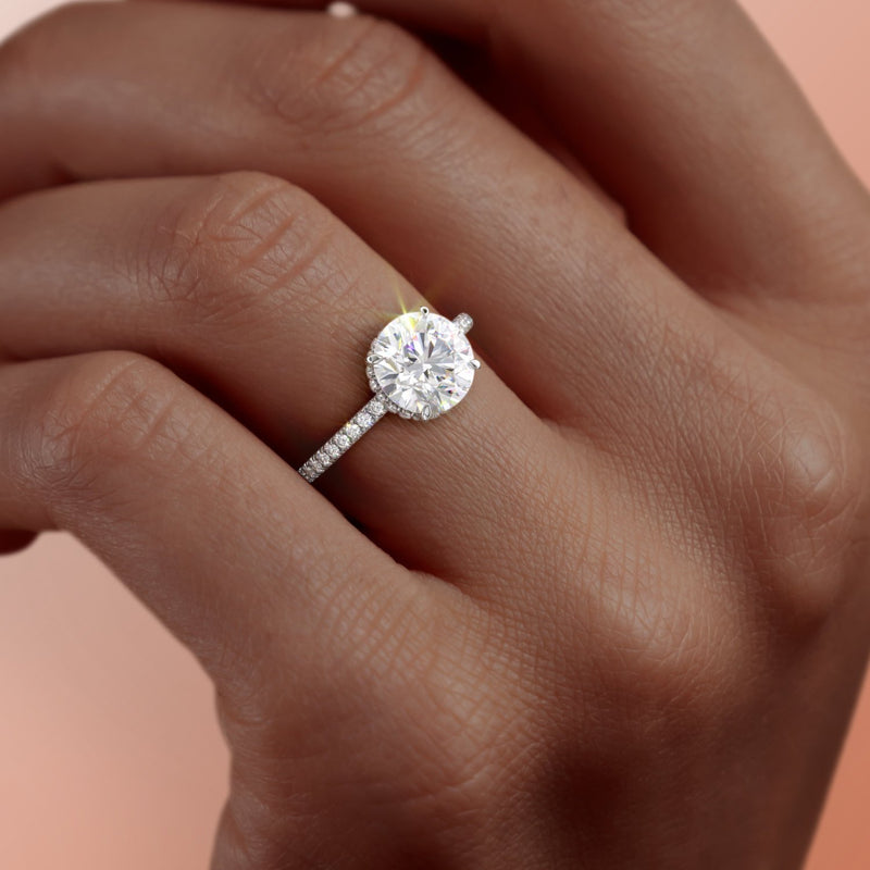 Round Cut Hidden Halo Moissanite Engagement Ring, Tiffany Style, Choose Your Stone Size and Metal