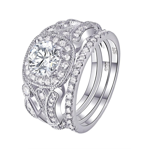 2.20ct Vintage Round Cut Diamond Ring Set x 3 piece, 925 Sterling Silver