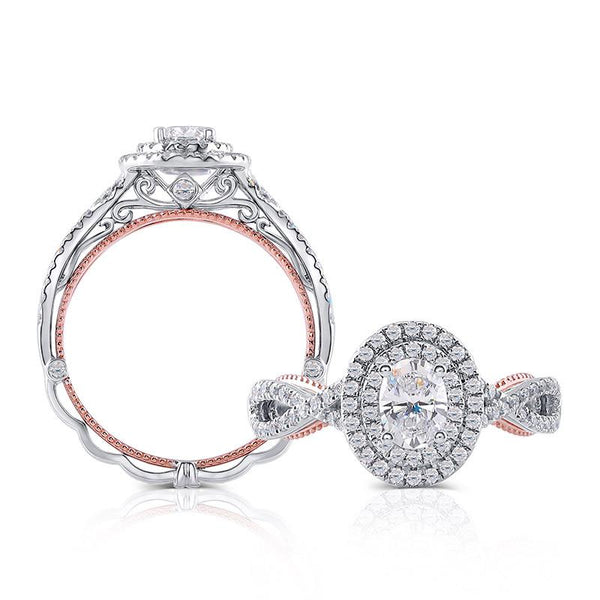 0.60ct Oval Cut Moissanite, Classic Halo Engagement Ring, Available in White Gold or Platinum with Rose Gold Detailing