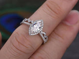 2.00ct Marquise Cut Moissanite Ring Set, Halo Surround with Band, Available in White, Yellow, Rose Gold or Platinum, 1.25ct Main Stone