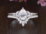 2.25ct Pear Cut Moissanite Ring Set, Side Stones with Shaped Band, Available in All Metals, 1.25ct Main Stone