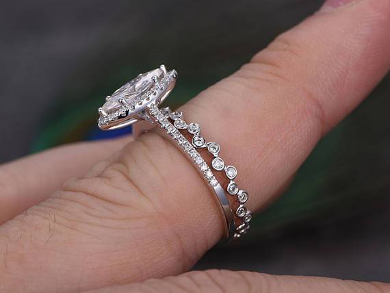 2.00ct Marquise Cut Moissanite Ring Set, Halo Surround with Band, Available in White, Yellow, Rose Gold or Platinum, 1.25ct Main Stone