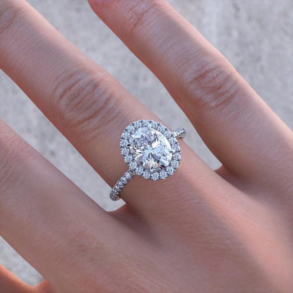 2.00ct Oval Cut Moissanite, Classic Halo Engagement Ring, Available in White Gold or Platinum