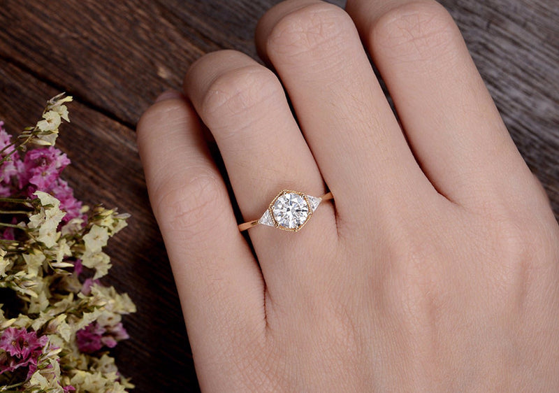 Round Cut Moissanite Engagement Ring, Art Deco Trilogy Design, Choose Your Stone Size & Metal