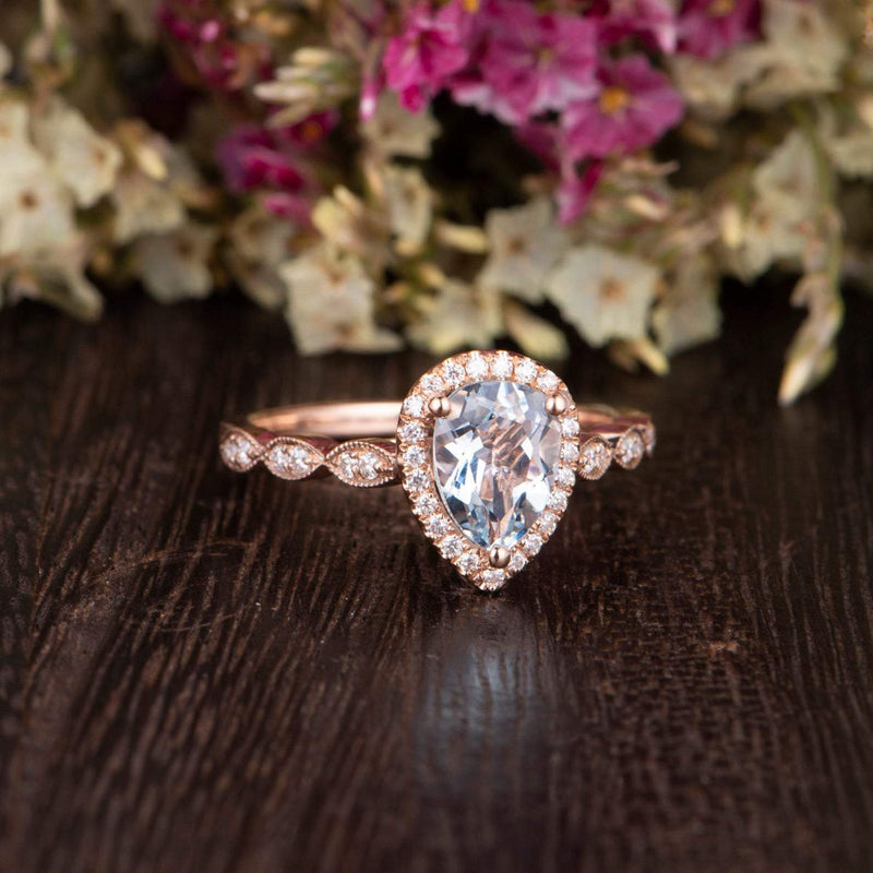 1.50ct Aqua Marine Pear Cut Halo Engagement Ring, Vintage Design, Choose Your Metal