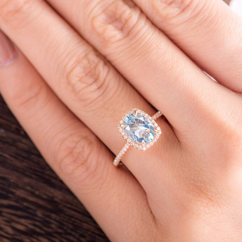 2.50ct Aqua Marine Oval Cut Halo Engagement Ring, Vintage Design, Choose Your Metal