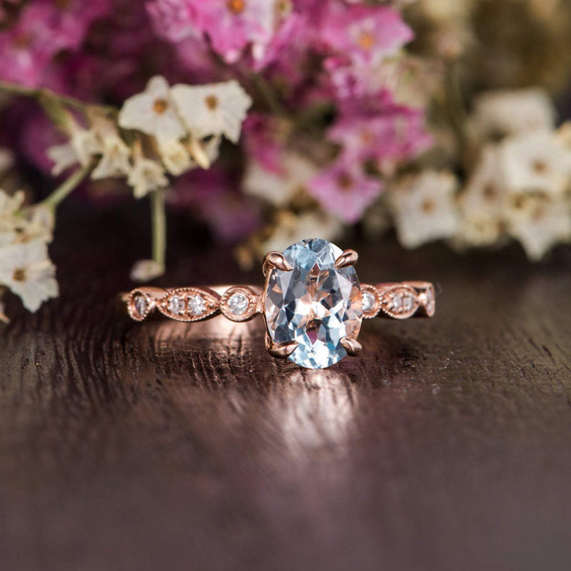 1.25ct Aqua Marine Oval Cut Engagement Ring, Vintage Design, Choose Your Metal