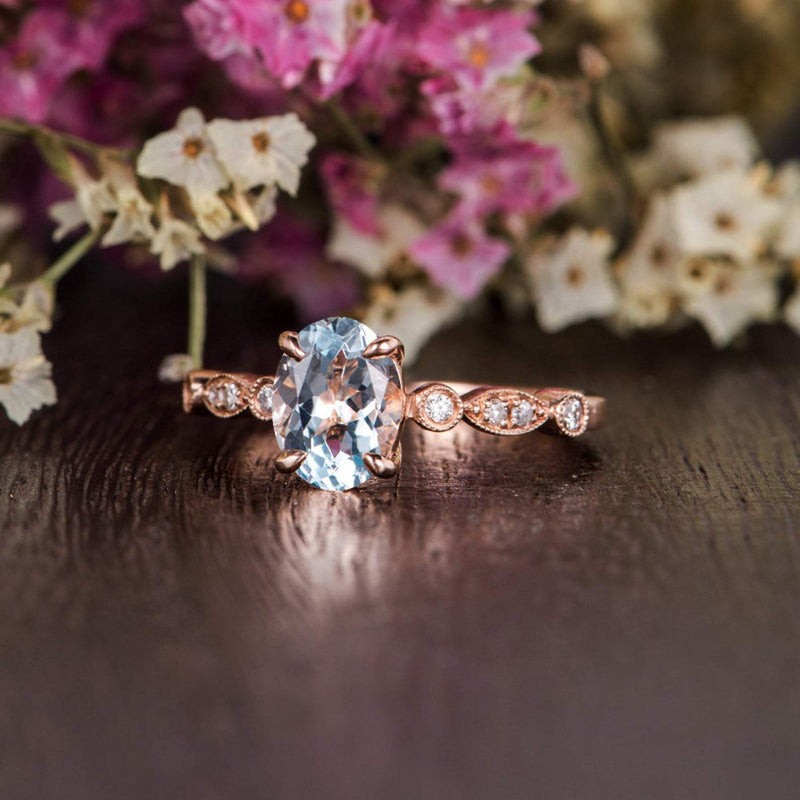 1.25ct Aqua Marine Oval Cut Engagement Ring, Vintage Design, Choose Your Metal