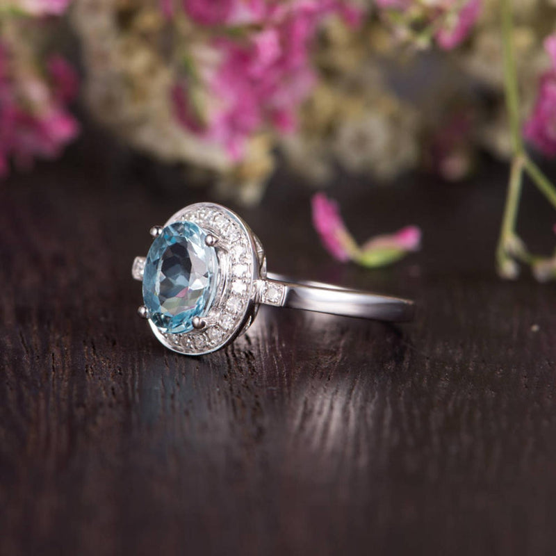 1.25ct Aqua Marine Oval Cut Halo Engagement Ring, Vintage Art Deco Design, Choose Your Metal