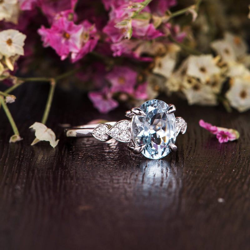 2.00ct Aqua Marine Oval Cut Engagement Ring, Vintage Design, Choose Your Metal
