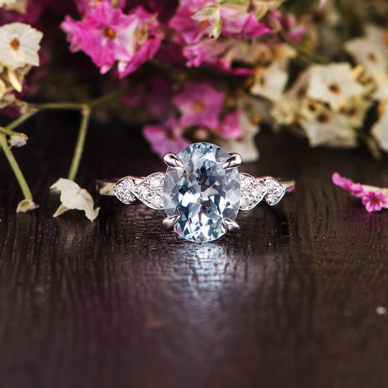 2.00ct Aqua Marine Oval Cut Engagement Ring, Vintage Design, Choose Your Metal
