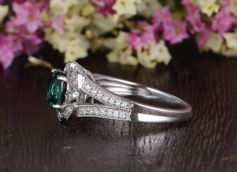 1.25ct Round Cut Lab Grown Emerald Engagement Ring, Vintage Design, Choose Your Metal