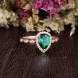 1.25ct Pear Cut Lab Grown Emerald Engagement Ring, Vintage Design, Choose Your Metal