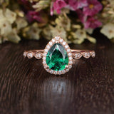 1.25ct Pear Cut Lab Grown Emerald Engagement Ring, Vintage Design, Choose Your Metal