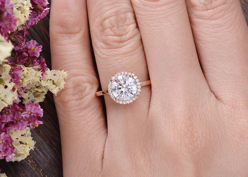 Round Cut Moissanite Engagement Ring, Art Deco Halo Design, Choose Your Stone Size & Metal