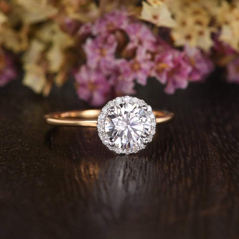 Round Cut Moissanite Engagement Ring, Art Deco Halo Design, Choose Your Stone Size & Metal