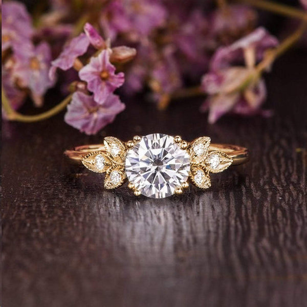 Round Cut Moissanite Engagement Ring, Unique Art Deco Design, Choose Your Stone Size & Metal