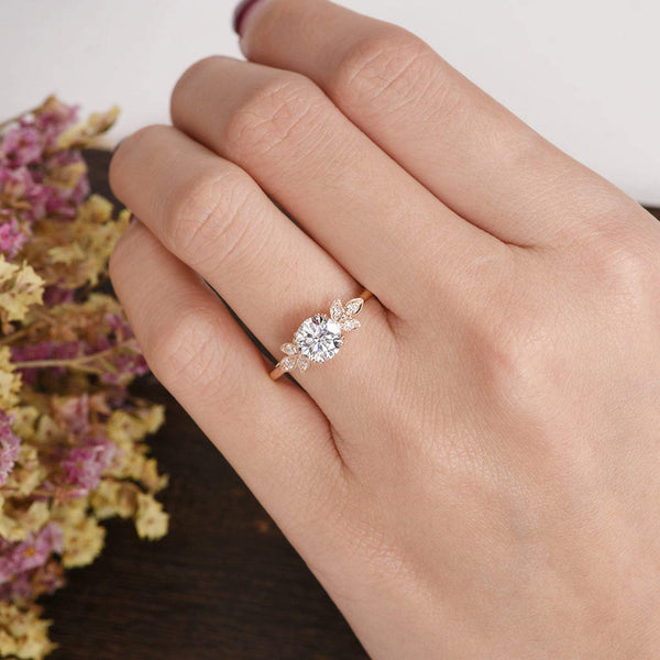 Round Cut Moissanite Engagement Ring, Unique Art Deco Design, Choose Your Stone Size & Metal