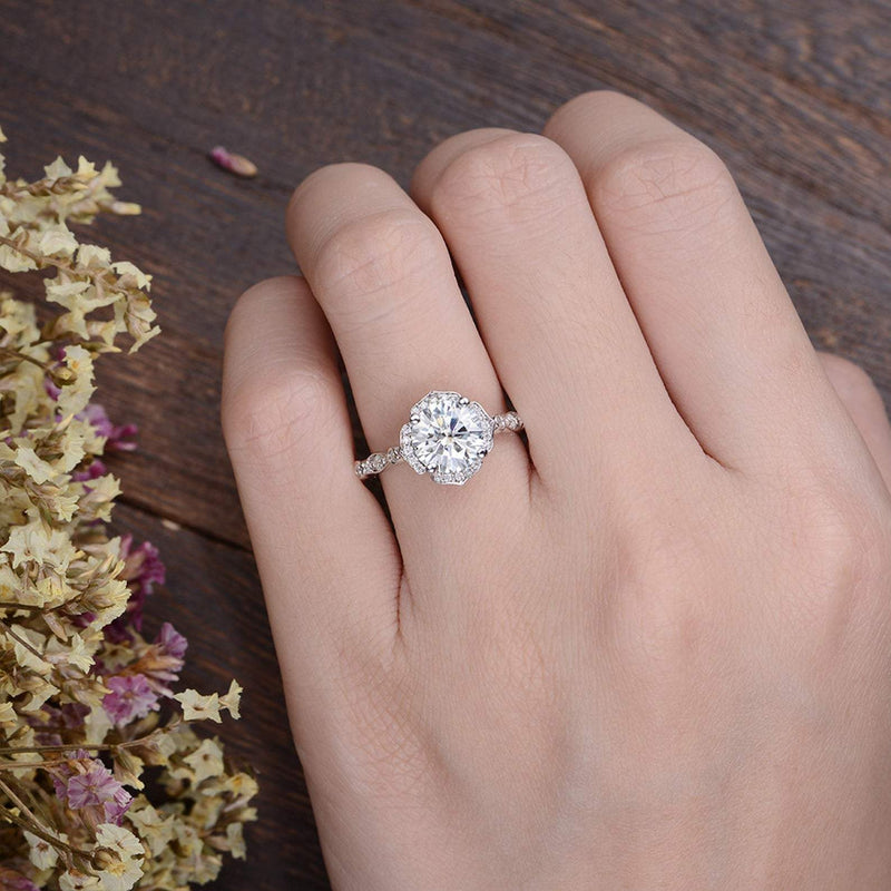 Round Cut Moissanite Engagement Ring, Art Deco Halo Design, Choose Your Stone Size & Metal