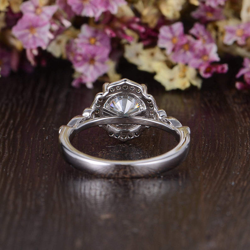 Round Cut Moissanite Engagement Ring, Art Deco Halo Design, Choose Your Stone Size & Metal