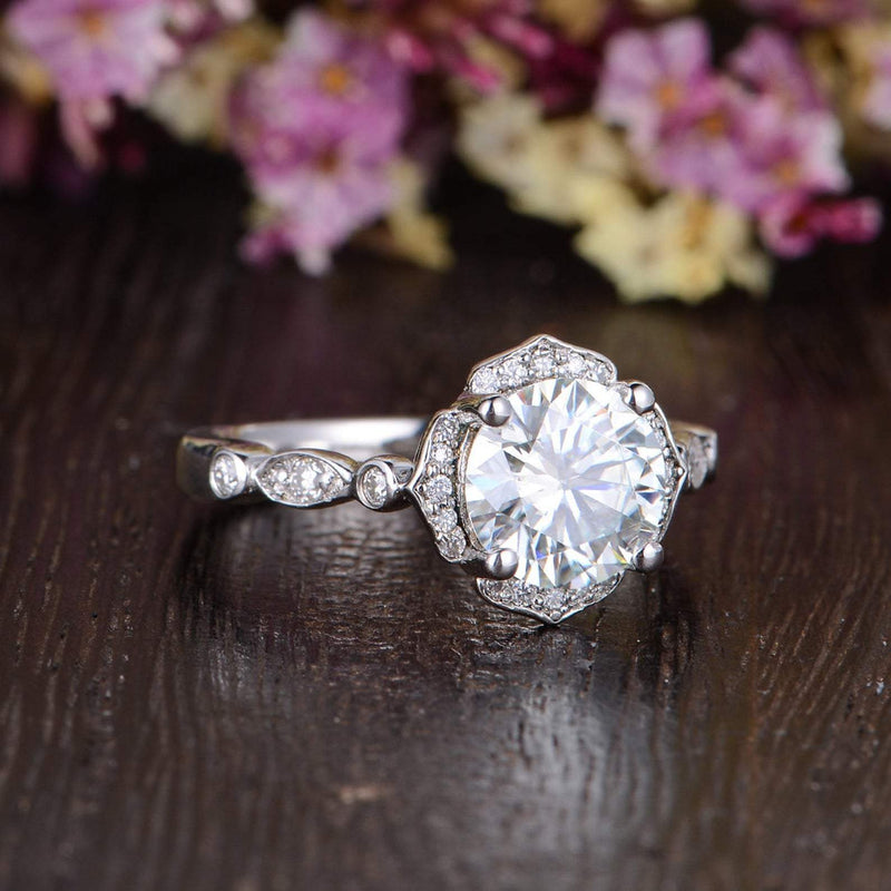 Round Cut Moissanite Engagement Ring, Art Deco Halo Design, Choose Your Stone Size & Metal