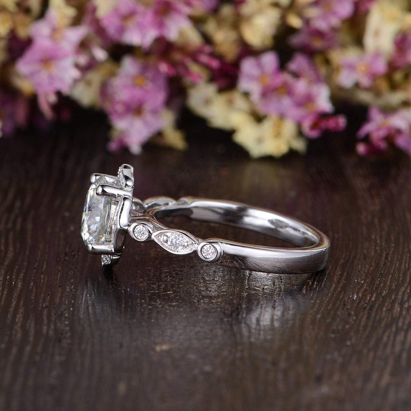 Round Cut Moissanite Engagement Ring, Art Deco Halo Design, Choose Your Stone Size & Metal