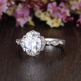 Round Cut Moissanite Engagement Ring, Art Deco Halo Design, Choose Your Stone Size & Metal