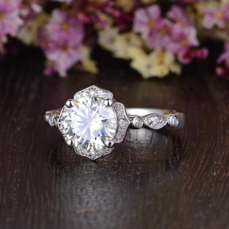 Round Cut Moissanite Engagement Ring, Art Deco Halo Design, Choose Your Stone Size & Metal