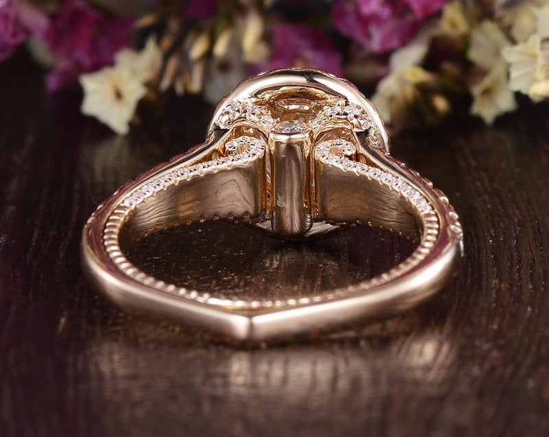 Round Cut Moissanite Engagement Ring, Unique Vintage Halo Design, Choose Your Stone Size & Metal