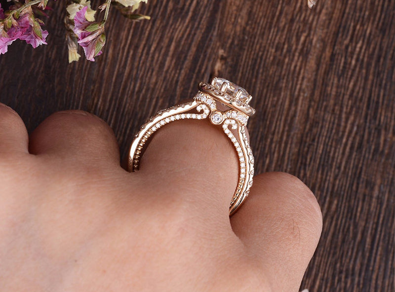 Round Cut Moissanite Engagement Ring, Unique Vintage Halo Design, Choose Your Stone Size & Metal