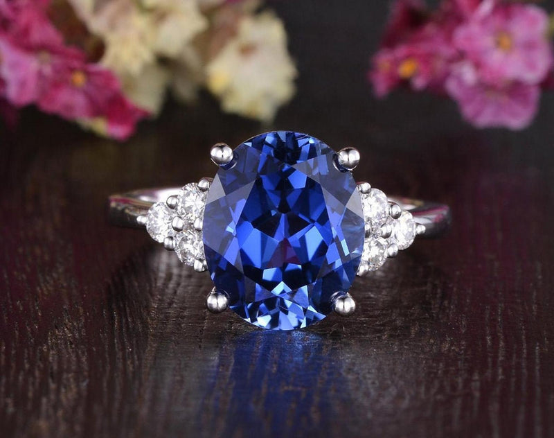 Lab Created Blue Sapphire Ring Art Deco Vintage Design Oval Cut Available In All Metals