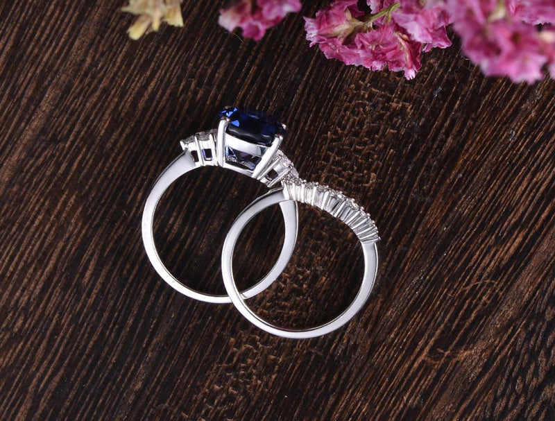 4.00ct Lab Created Blue Sapphire Ring Set, Art Deco Vintage Design, Oval Cut, Available In All Metal Types