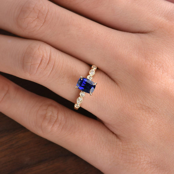 1.25ct Lab Created Blue Sapphire Engagement Ring, Art Deco Vintage Design, Cushion Cut, Available In All Metal Types