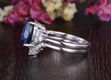 4.00ct Lab Created Blue Sapphire Ring Set, Art Deco Vintage Design, Oval Cut, Available In All Metal Types