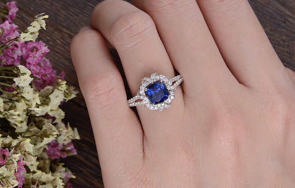 2.00ct Lab Created Blue Sapphire Engagement Ring, Art Deco Vintage Design, Cushion Cut, Available In All Metal Types