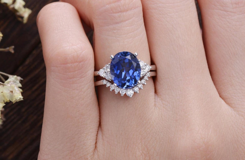 4.00ct Lab Created Blue Sapphire Ring Set, Art Deco Vintage Design, Oval Cut, Available In All Metal Types