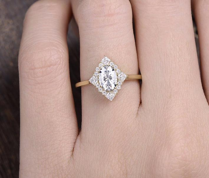 Oval Cut Moissanite Engagement Ring, Unique Vintage Halo Design, Choose Your Stone Size & Metal