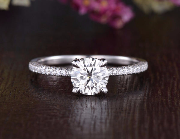 Round Cut Moissanite Engagement Ring, Delicate Vintage Design, Choose Your Stone Size & Metal