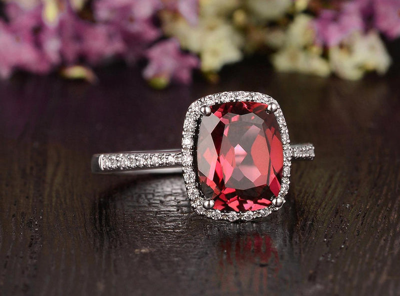 4.00ct Lab Created Ruby Halo Engagement Ring, Vintage Design, Cushion Cut, Available In All Metal Types