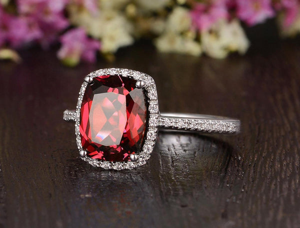 4.00ct Lab Created Ruby Halo Engagement Ring, Vintage Design, Cushion Cut, Available In All Metal Types