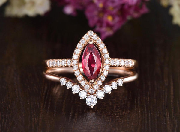 0.75ct Lab Created Ruby Engagement Ring, Art Deco Vintage Design, Maqruise Cut, Available In All Metal Types