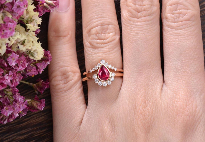Lab Created Ruby Engagement Ring Art Deco Vintage Design Pear Cut A INFINITYJEWELRY.COM