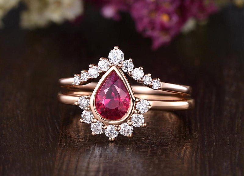 1.25ct Lab Created Ruby Engagement Ring, Art Deco Vintage Design, Pear Cut, Available In All Metal Types