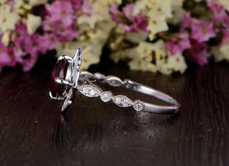 2.00ct Lab Created Ruby Engagement Ring, Art Deco Vintage Design, Cushion Cut, Available In All Metal Types