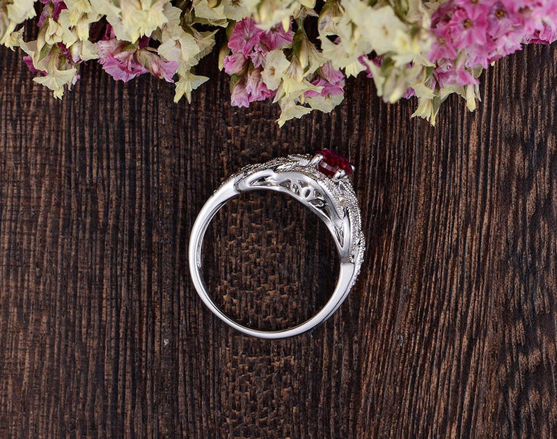 0.75ct Lab Created Ruby Engagement Ring, Art Deco Vintage Design, Oval Cut, Available In All Metal Types