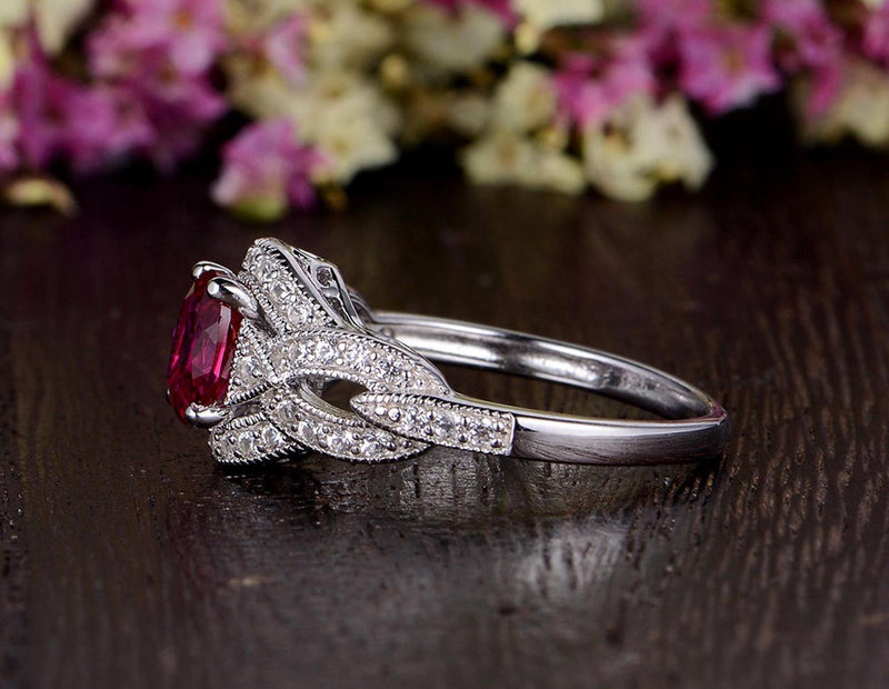 0.75ct Lab Created Ruby Engagement Ring, Art Deco Vintage Design, Oval Cut, Available In All Metal Types